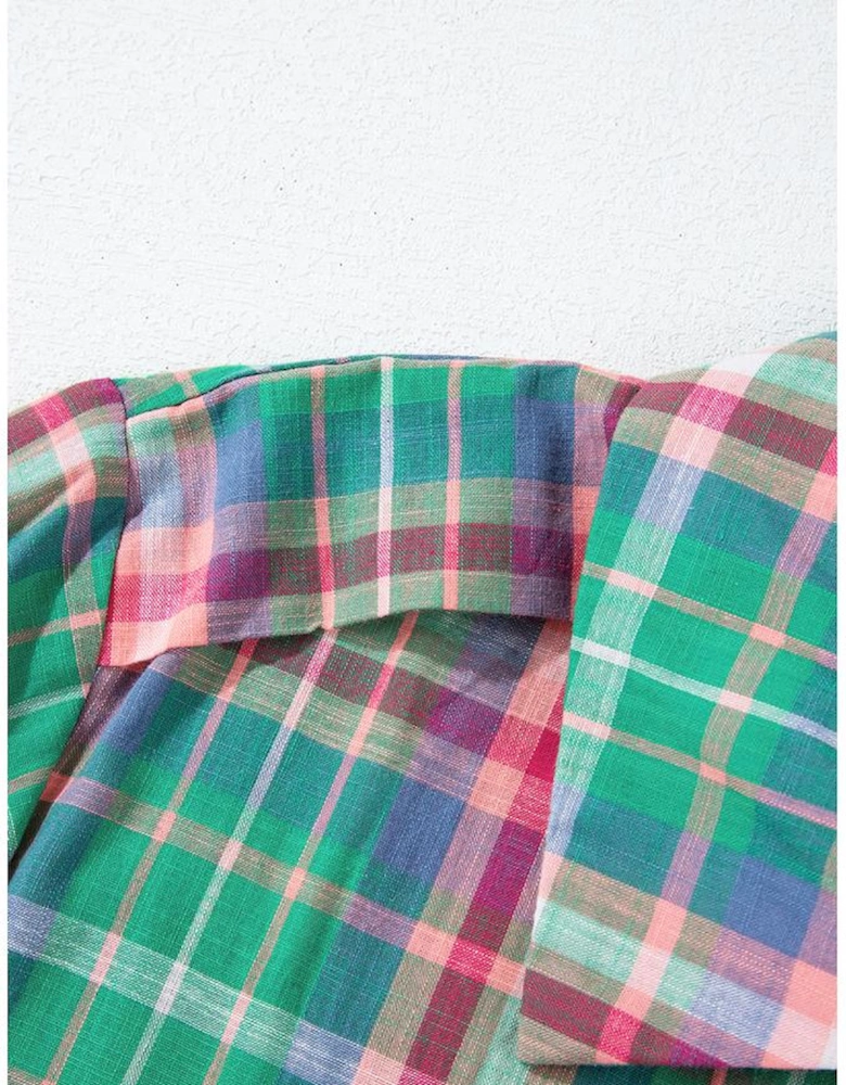 Green Checkered 3/4 Sleeve Collared Loose Fit Shirt