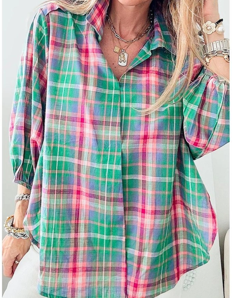 Green Checkered 3/4 Sleeve Collared Loose Fit Shirt