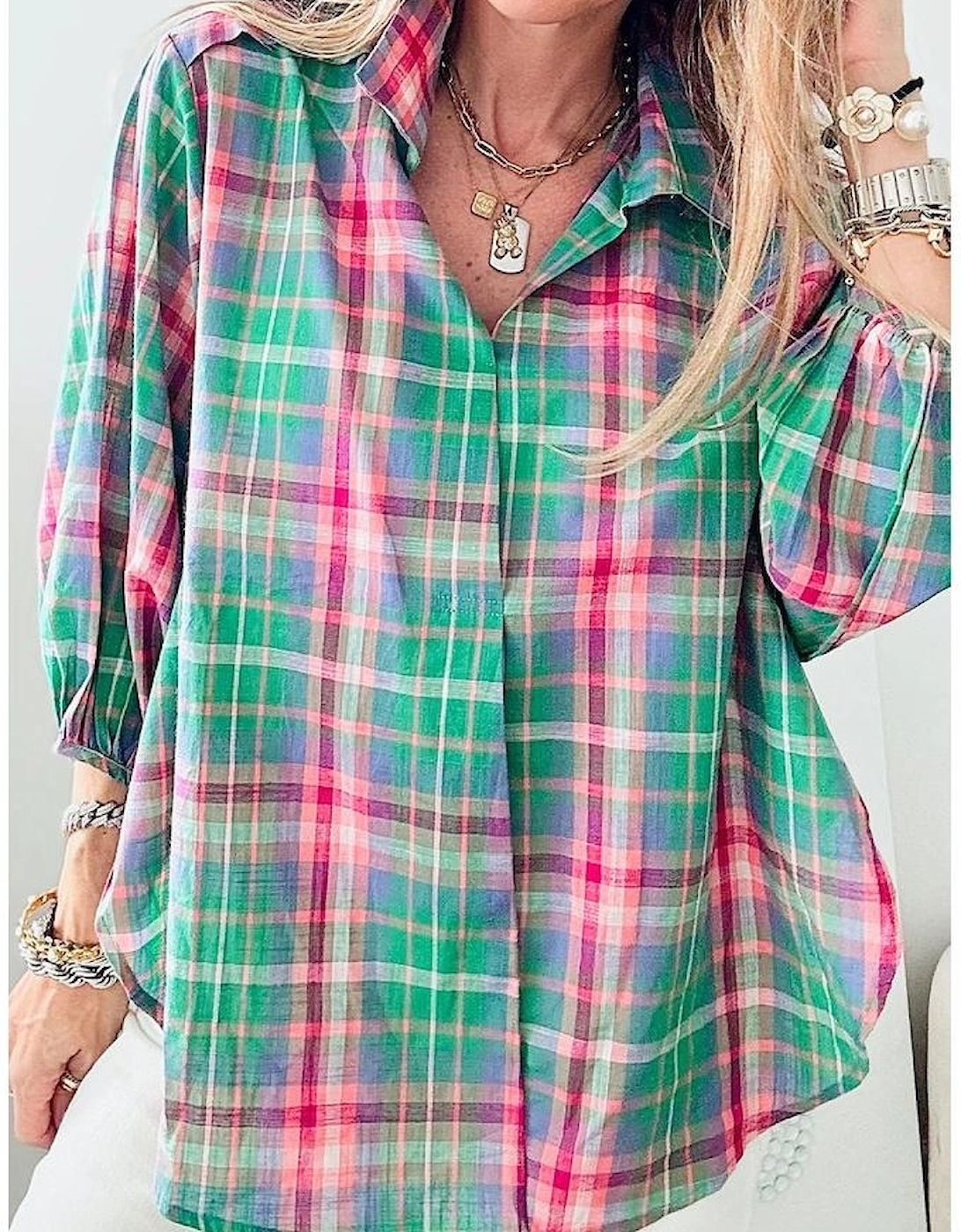 Green Checkered 3/4 Sleeve Collared Loose Fit Shirt
