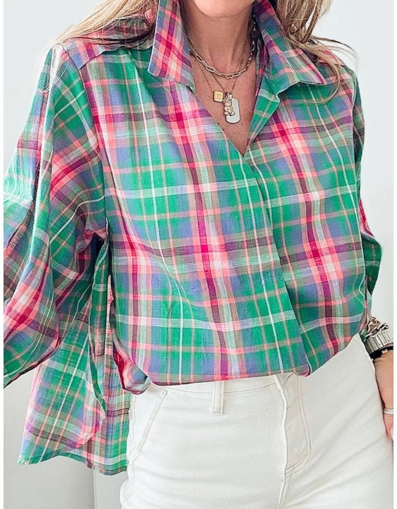 Green Checkered 3/4 Sleeve Collared Loose Fit Shirt