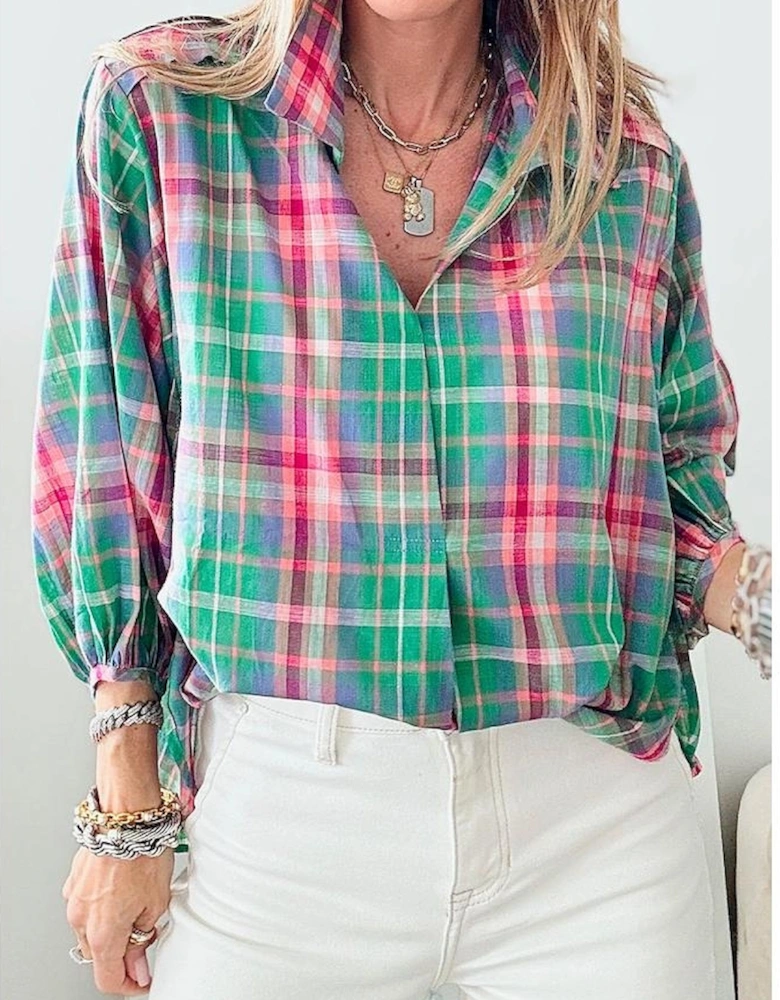 Green Checkered 3/4 Sleeve Collared Loose Fit Shirt