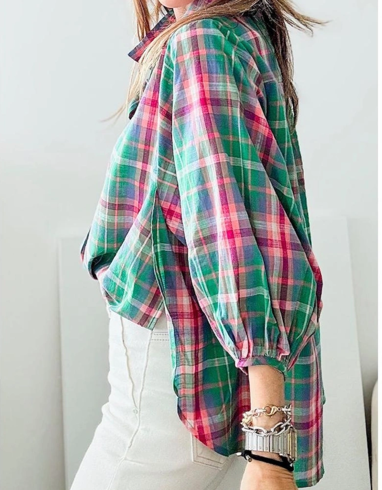 Green Checkered 3/4 Sleeve Collared Loose Fit Shirt