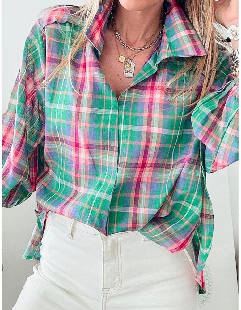 Green Checkered 3/4 Sleeve Collared Loose Fit Shirt