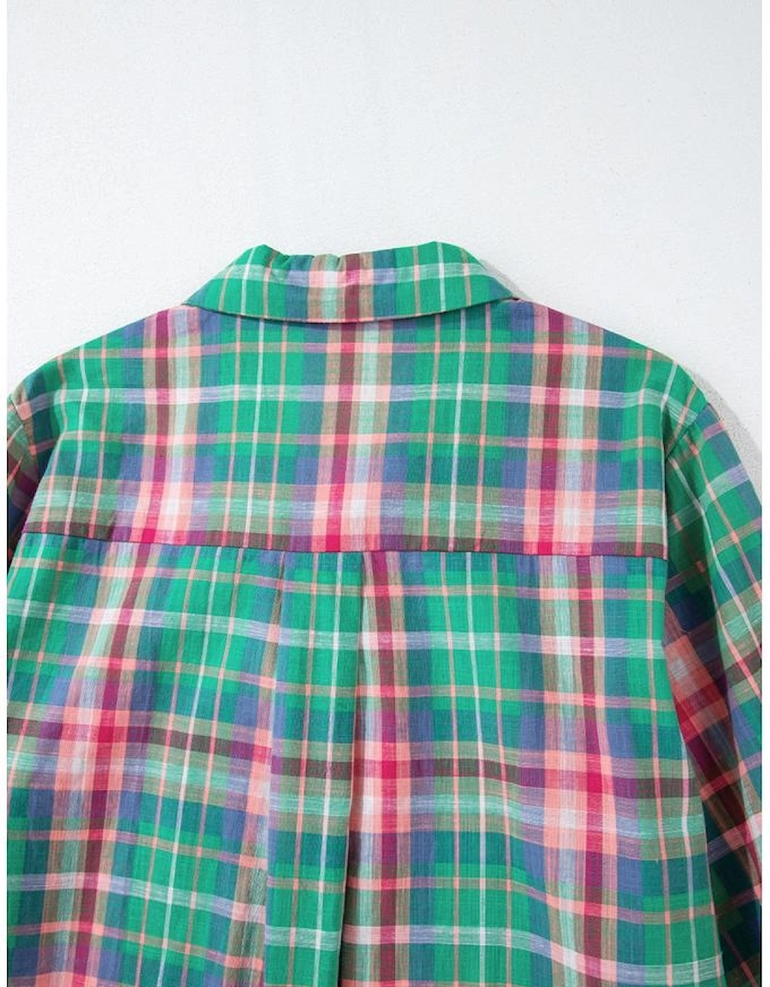 Green Checkered 3/4 Sleeve Collared Loose Fit Shirt