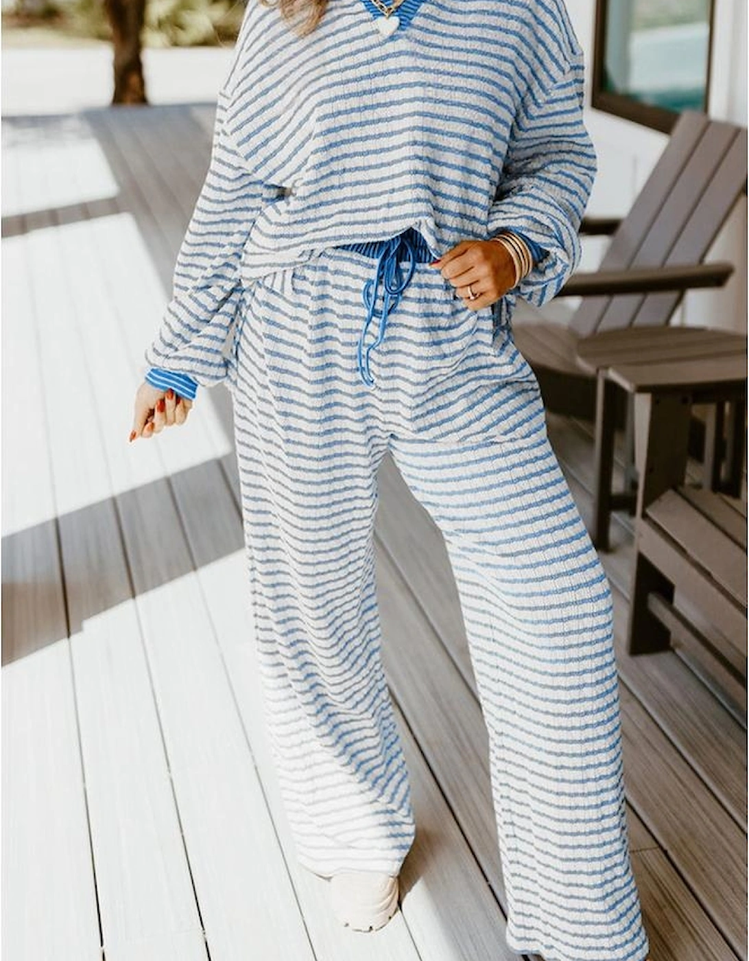 Sky Blue Stripe Collared Pullover Top and Drawstring Pant Set