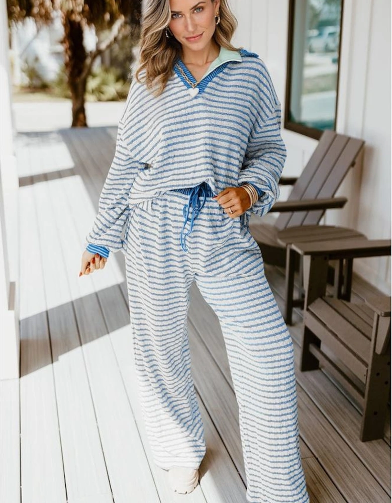 Sky Blue Stripe Collared Pullover Top and Drawstring Pant Set