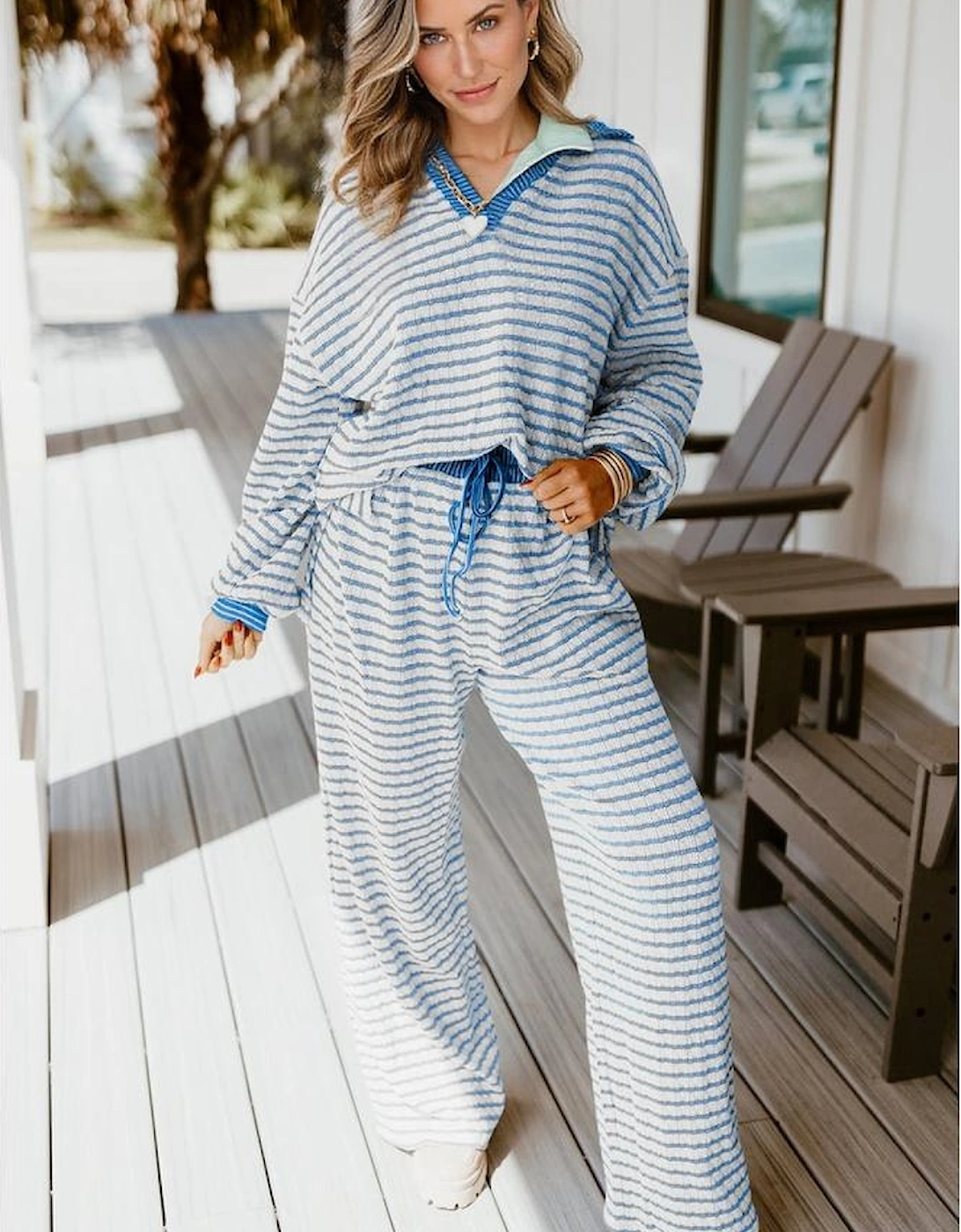 Sky Blue Stripe Collared Pullover Top and Drawstring Pant Set, 3 of 2