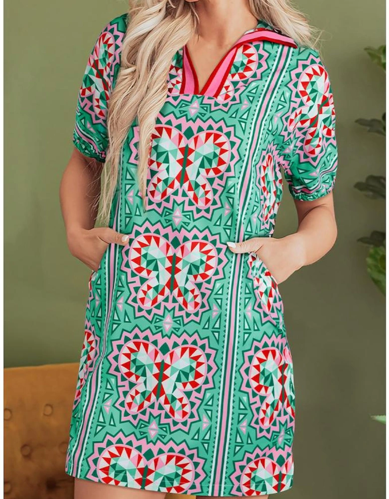 Mint Green Geometric Butterfly Print Split Neck Short Sleeve Dress