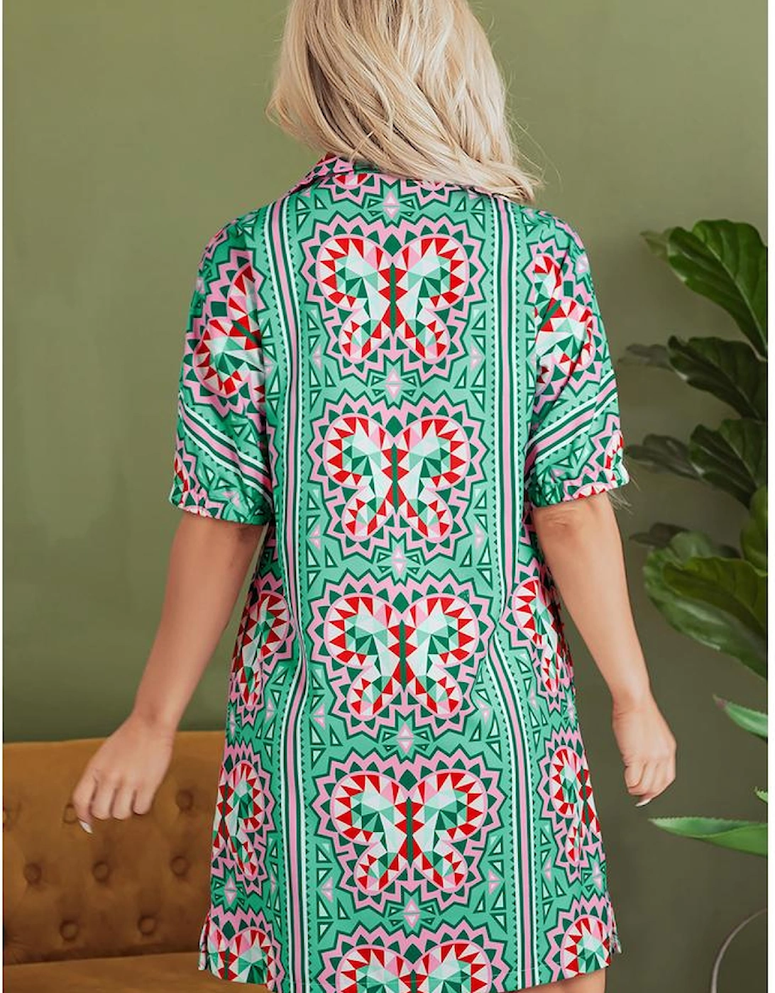 Mint Green Geometric Butterfly Print Split Neck Short Sleeve Dress, 14 of 13