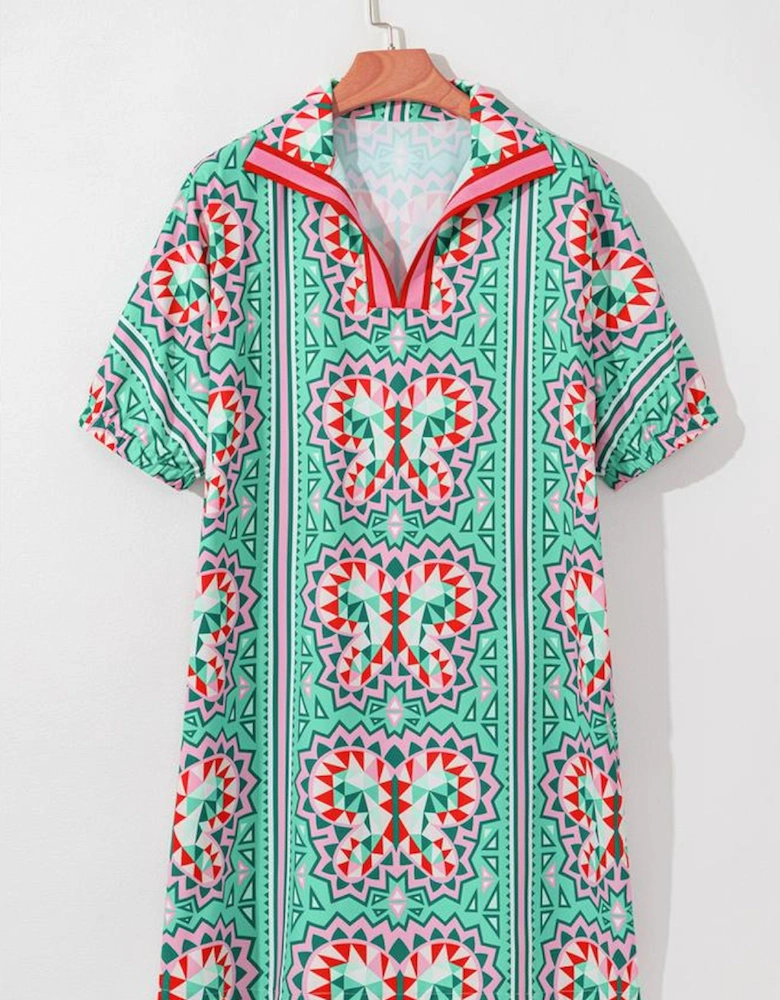 Mint Green Geometric Butterfly Print Split Neck Short Sleeve Dress