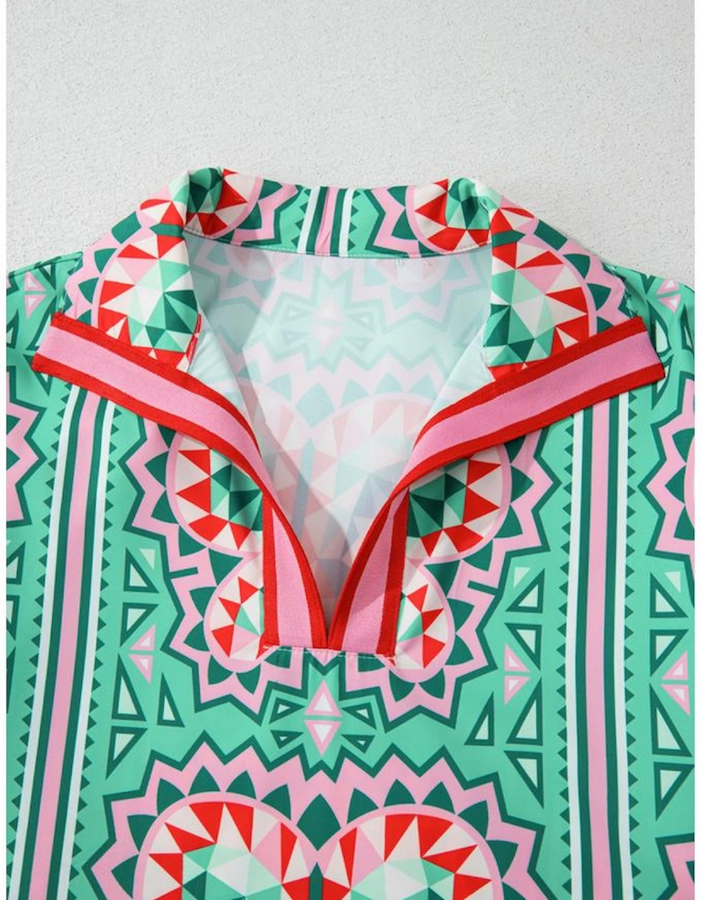 Mint Green Geometric Butterfly Print Split Neck Short Sleeve Dress