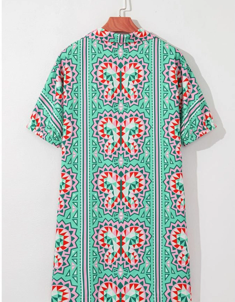 Mint Green Geometric Butterfly Print Split Neck Short Sleeve Dress