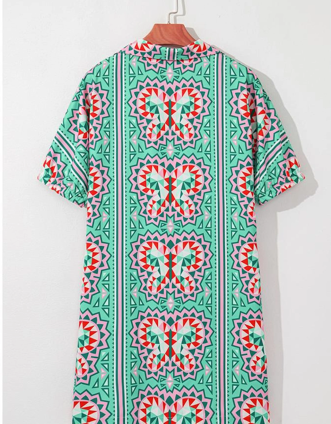 Mint Green Geometric Butterfly Print Split Neck Short Sleeve Dress