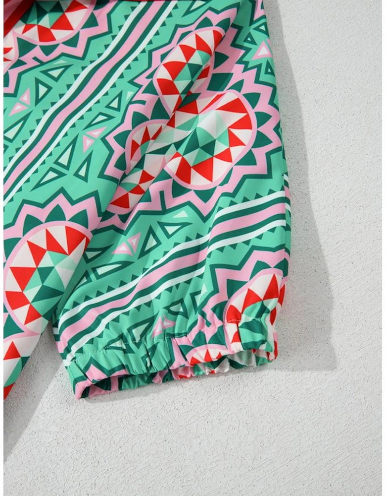 Mint Green Geometric Butterfly Print Split Neck Short Sleeve Dress