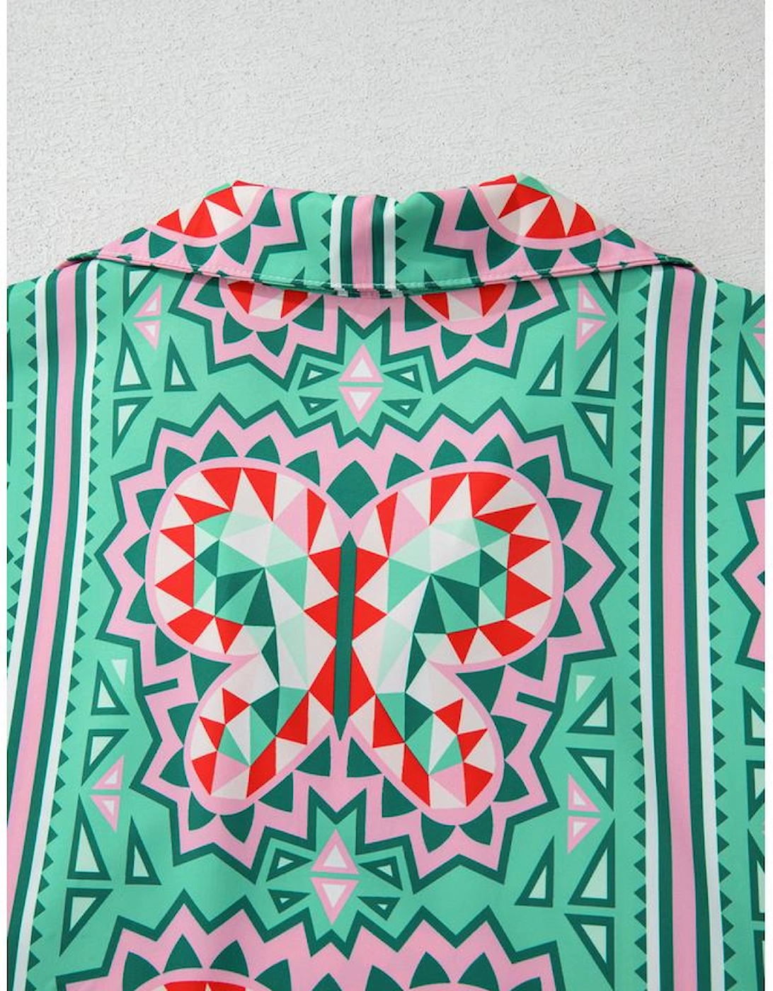 Mint Green Geometric Butterfly Print Split Neck Short Sleeve Dress