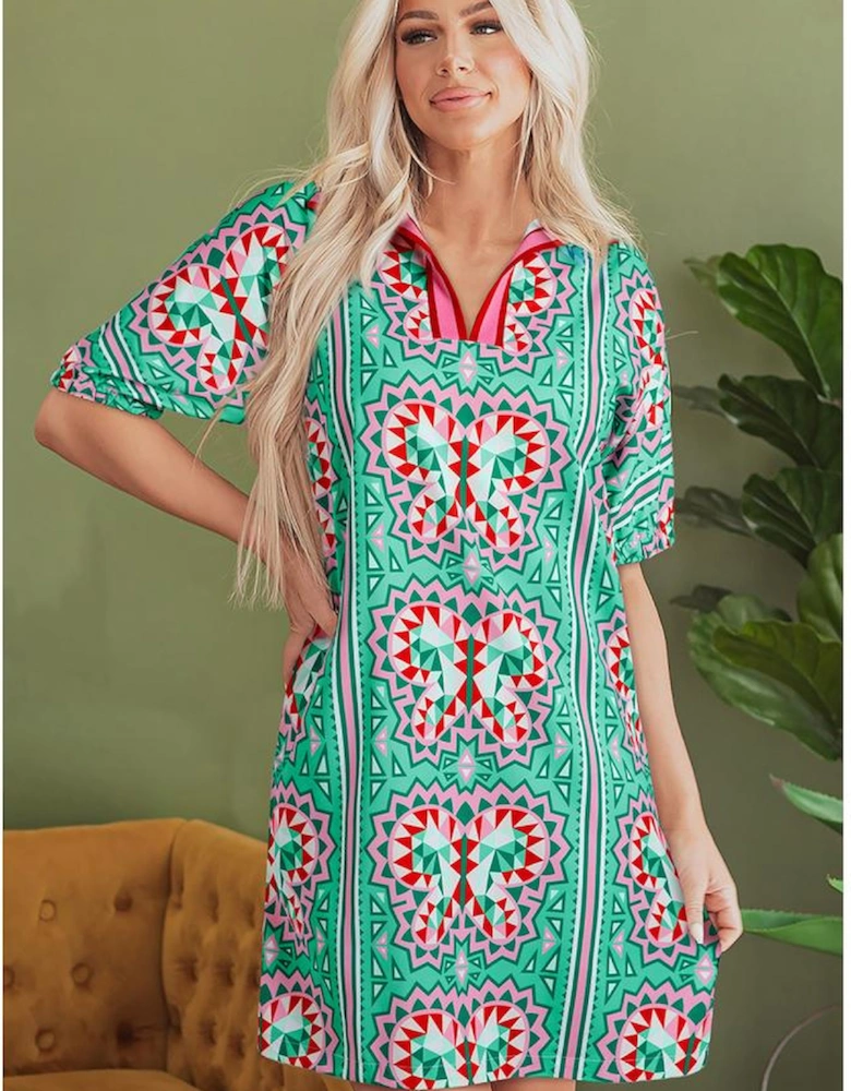 Mint Green Geometric Butterfly Print Split Neck Short Sleeve Dress