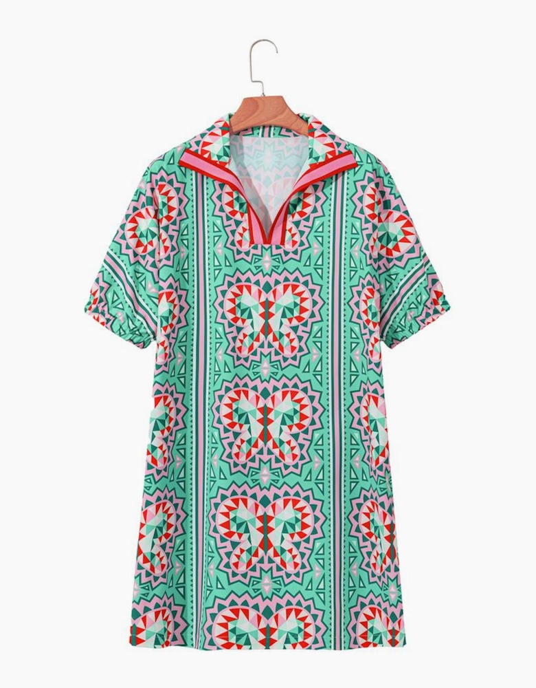 Mint Green Geometric Butterfly Print Split Neck Short Sleeve Dress