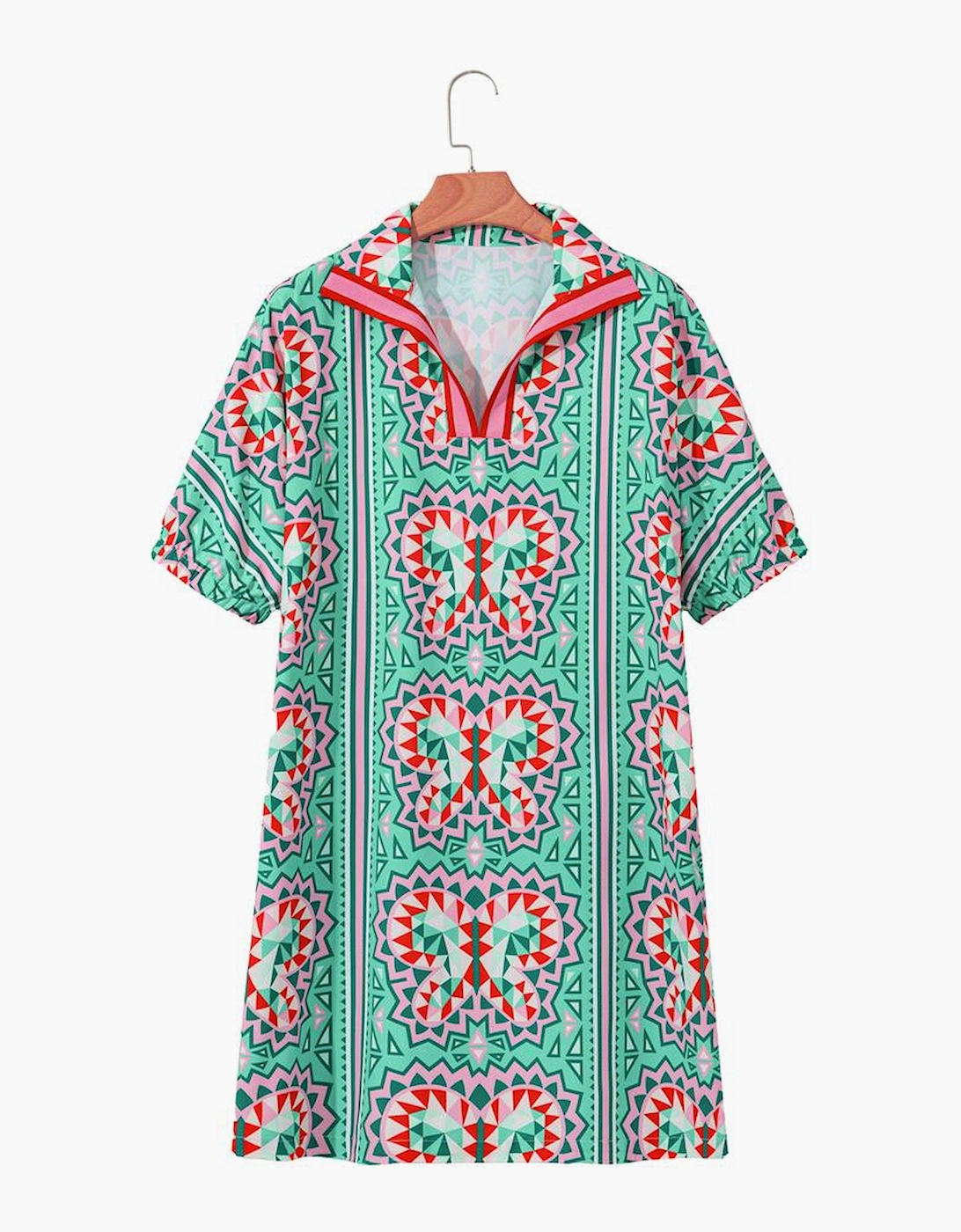 Mint Green Geometric Butterfly Print Split Neck Short Sleeve Dress