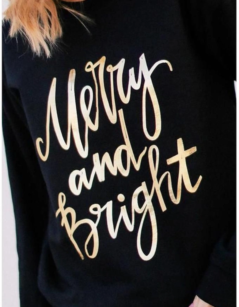 Black  Merry & Bright Letter Print Pullover Sweatshirt