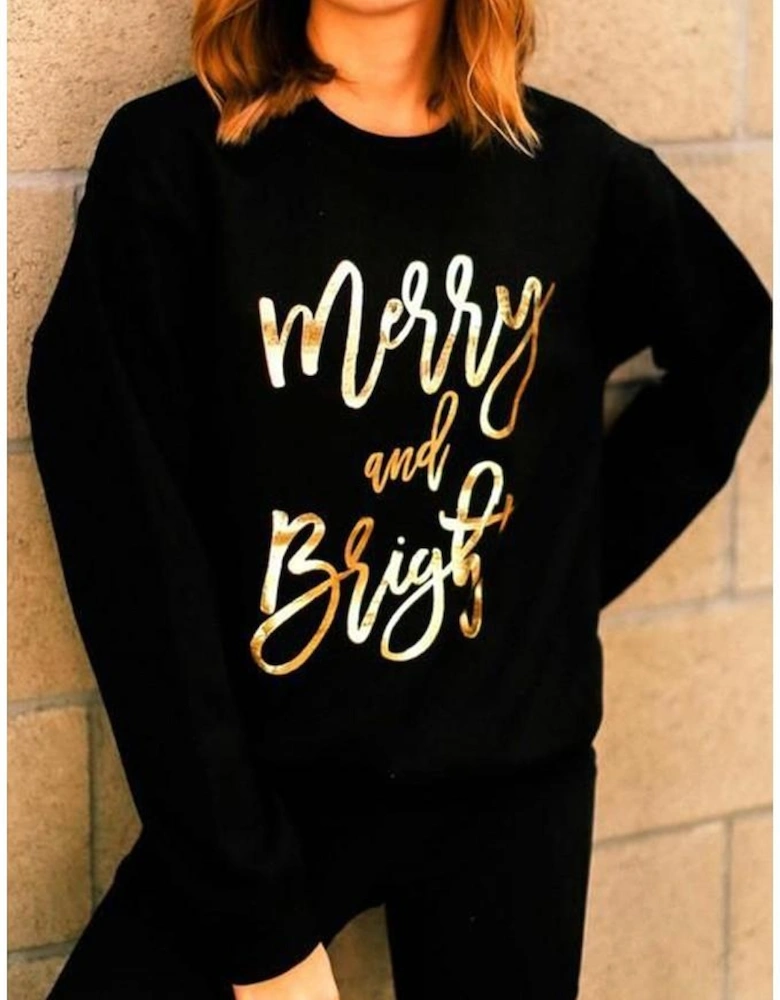 Black  Merry & Bright Letter Print Pullover Sweatshirt
