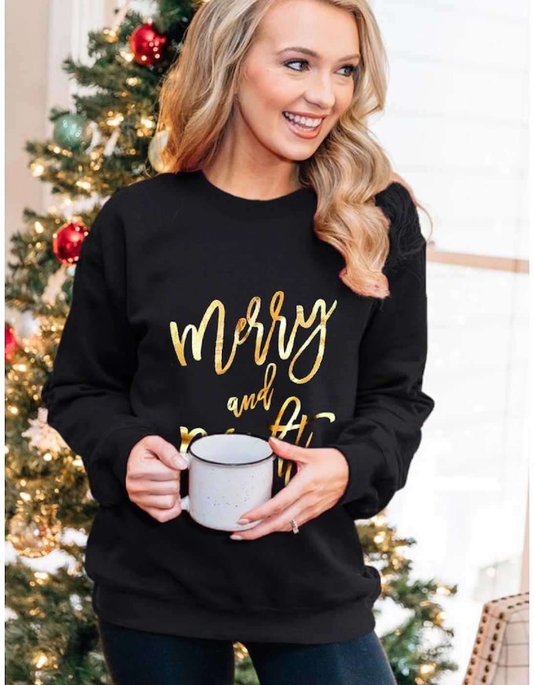 Black  Merry & Bright Letter Print Pullover Sweatshirt