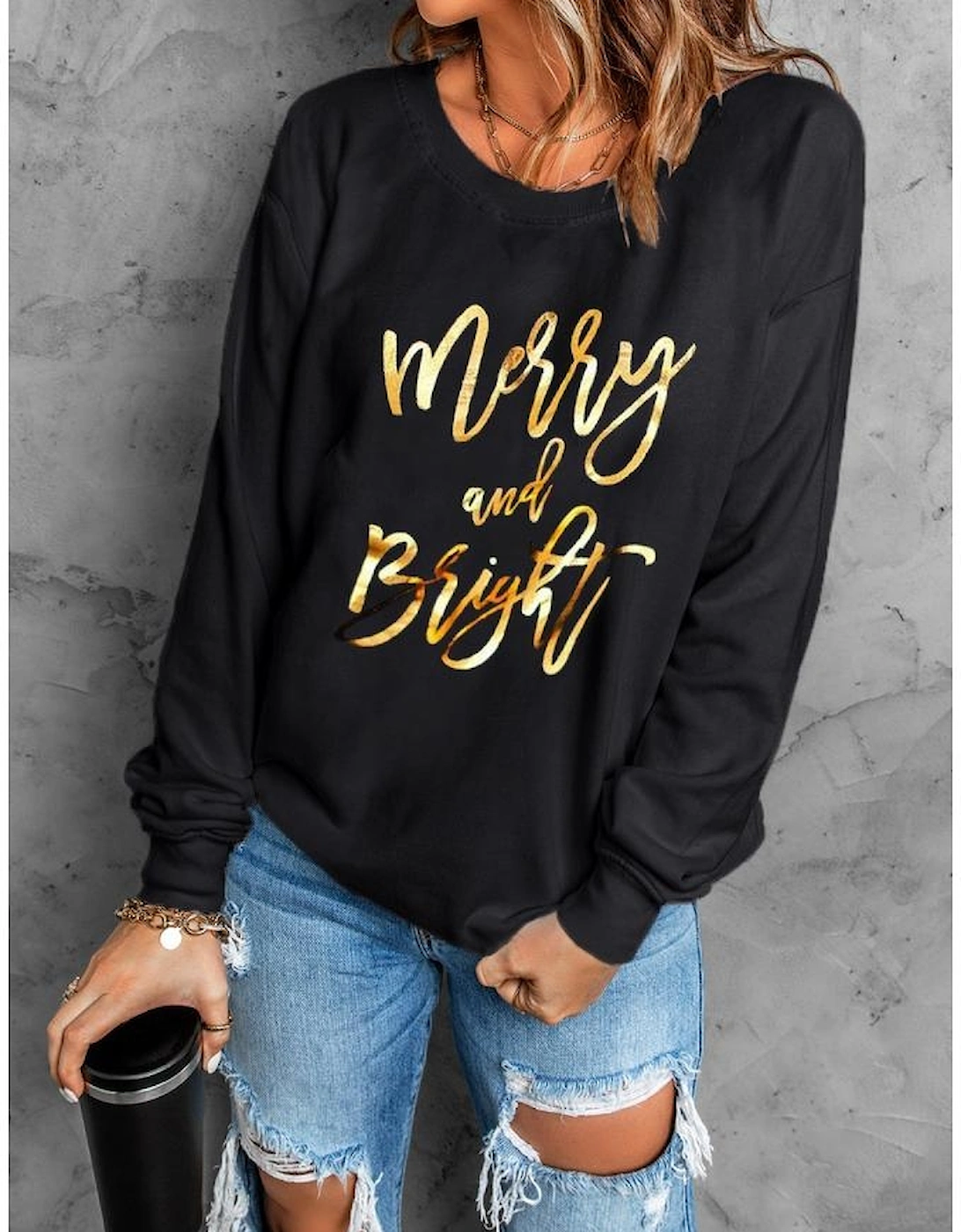 Black  Merry & Bright Letter Print Pullover Sweatshirt