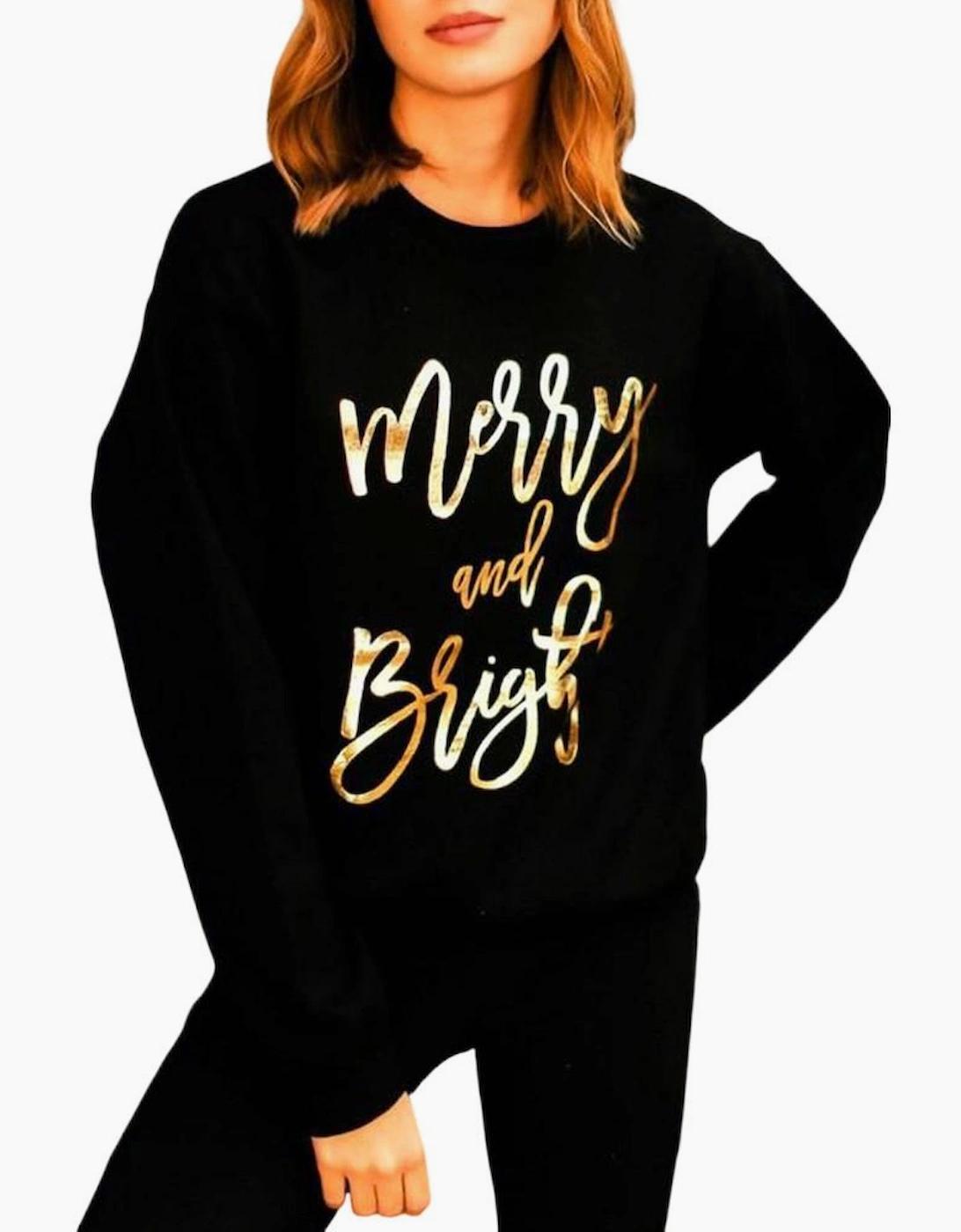 Black  Merry & Bright Letter Print Pullover Sweatshirt