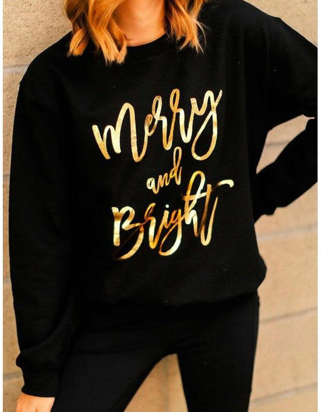 Black  Merry & Bright Letter Print Pullover Sweatshirt