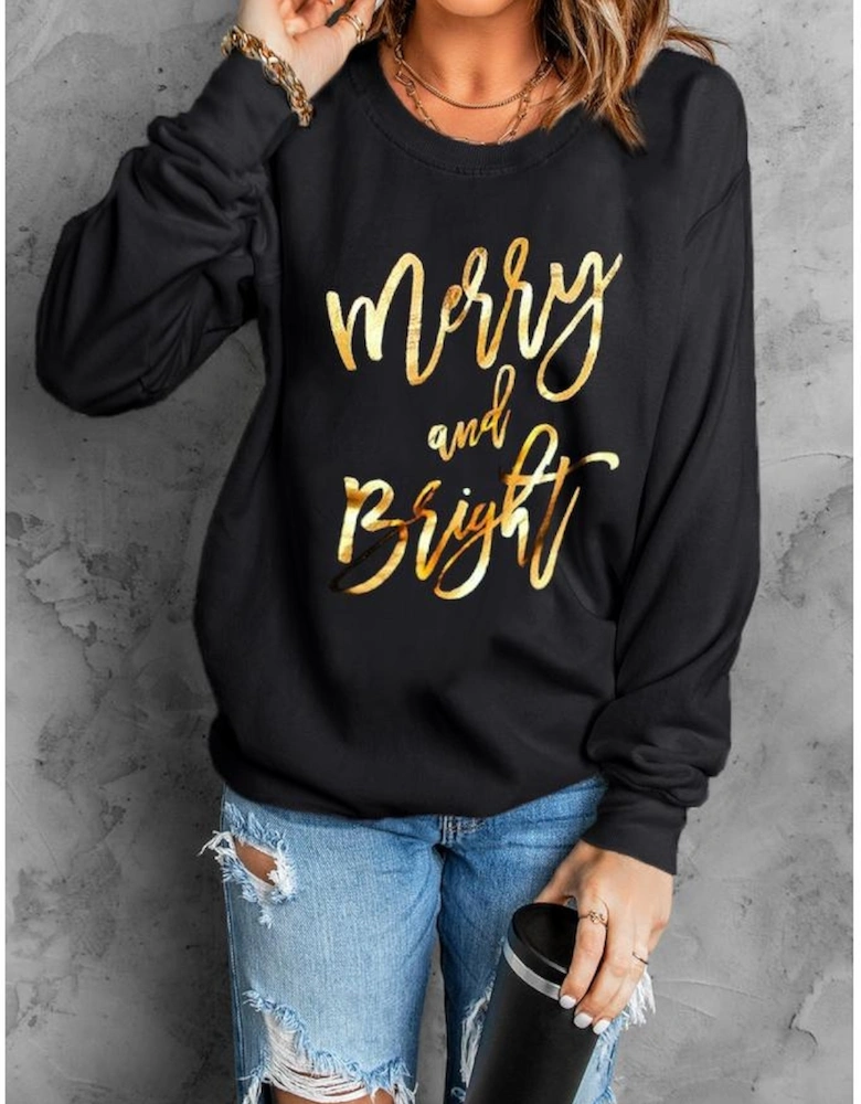 Black  Merry & Bright Letter Print Pullover Sweatshirt
