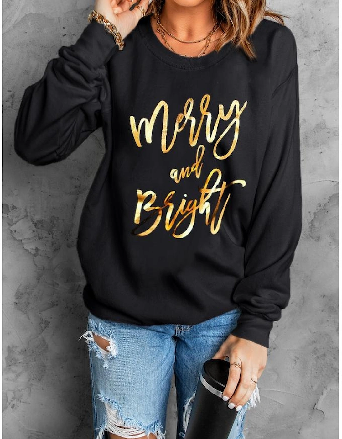 Black  Merry & Bright Letter Print Pullover Sweatshirt