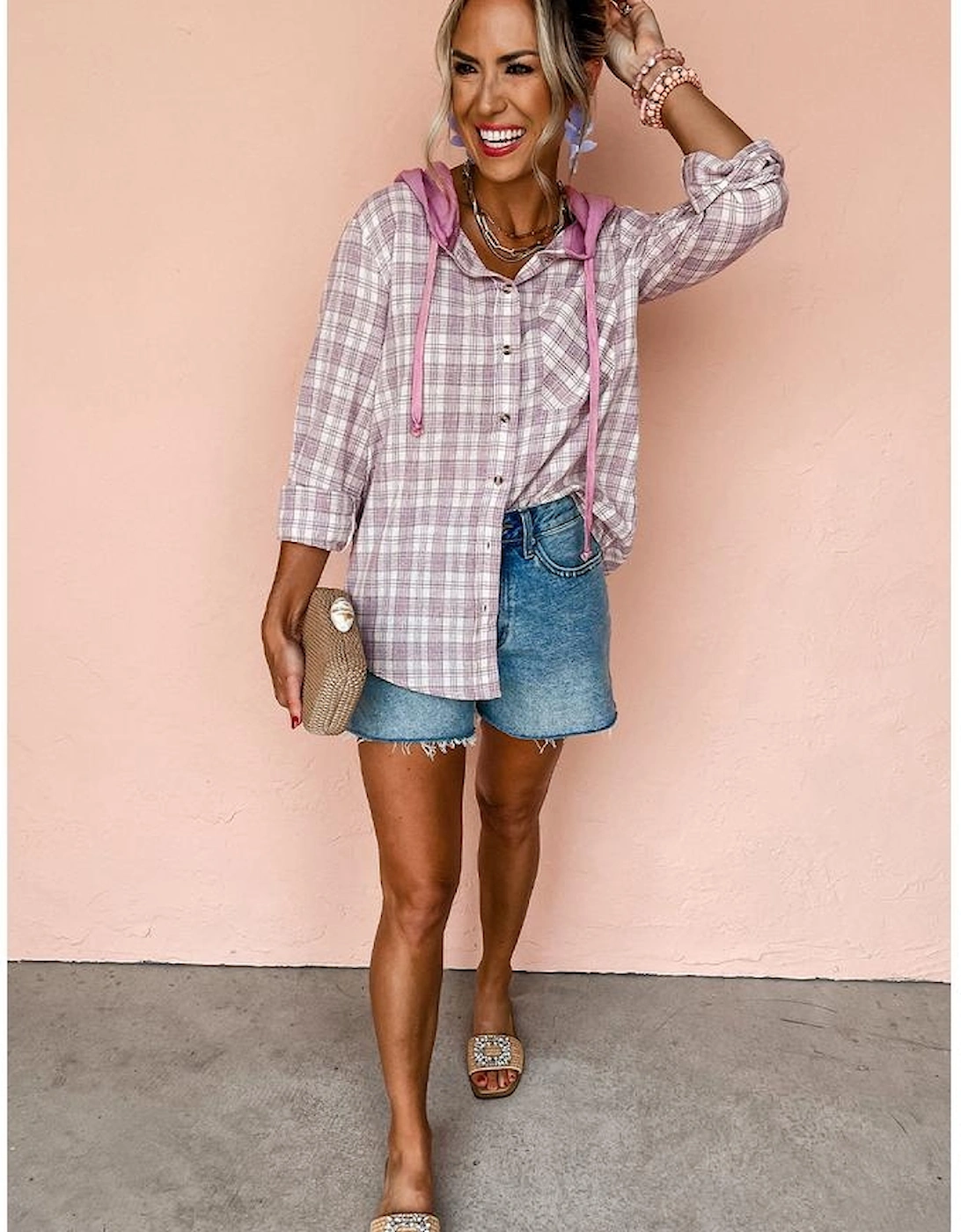 Pink Checkered Print Loose Fit Buttoned Hooded Shacket, 11 of 10