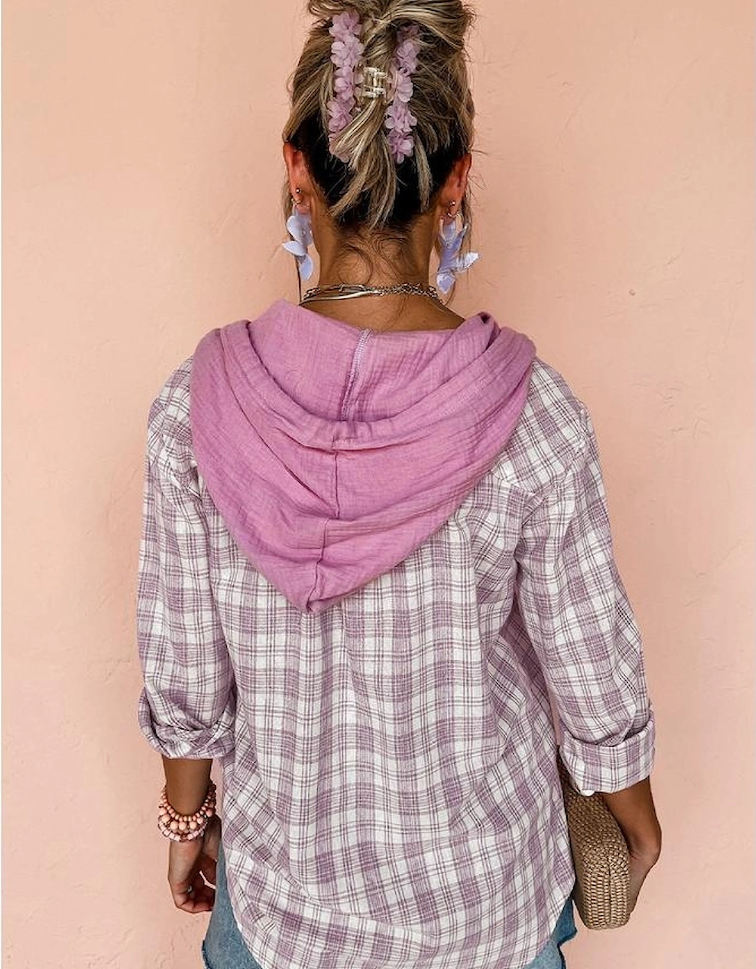 Pink Checkered Print Loose Fit Buttoned Hooded Shacket