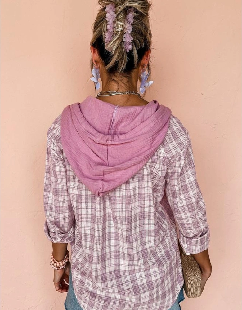 Pink Checkered Print Loose Fit Buttoned Hooded Shacket