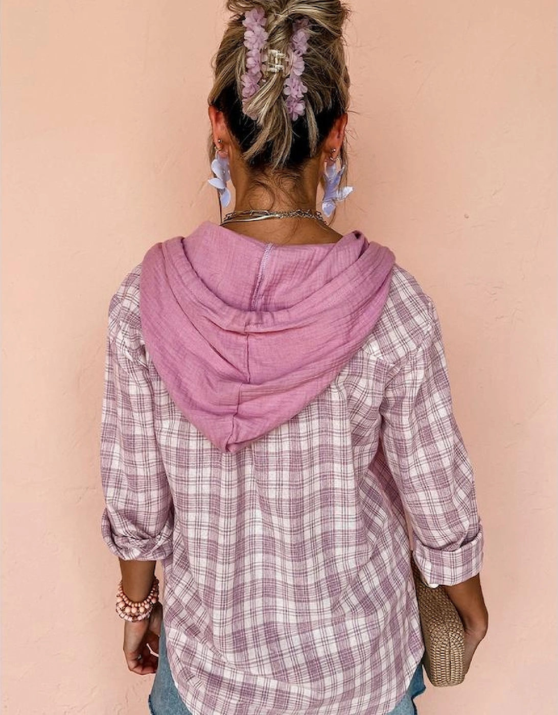 Pink Checkered Print Loose Fit Buttoned Hooded Shacket