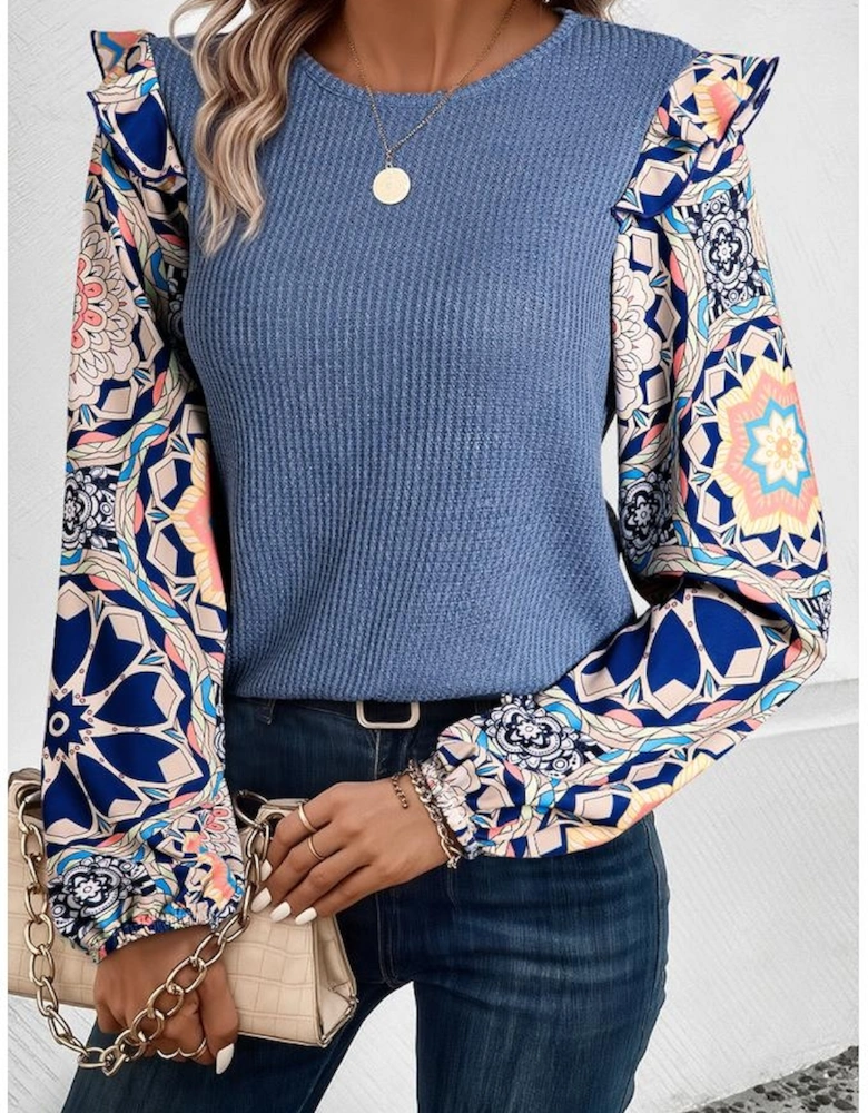Ashleigh Blue Ruffled Floral Sleeve Patchwork Waffle Knit O Neck Blouse