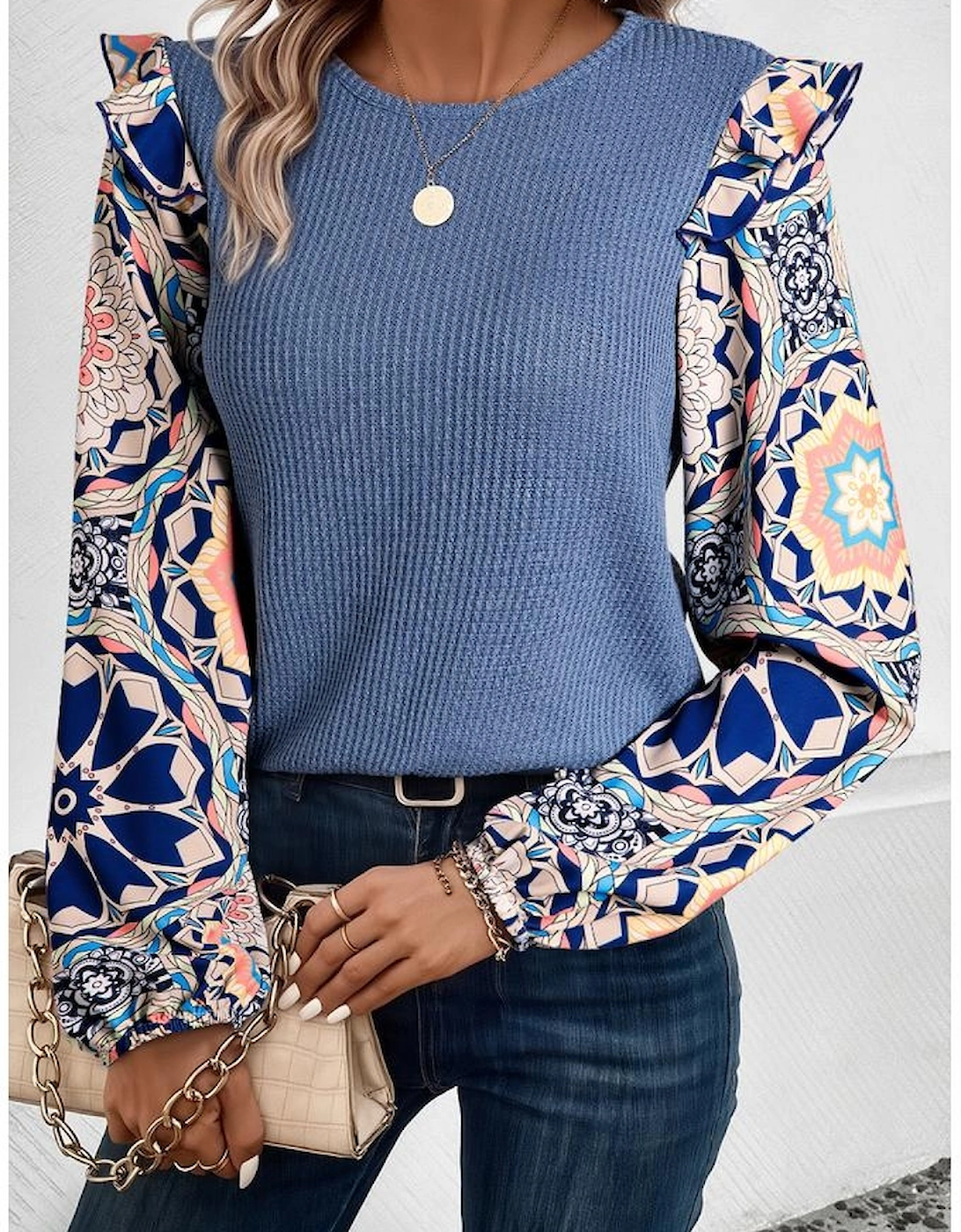Ashleigh Blue Ruffled Floral Sleeve Patchwork Waffle Knit O Neck Blouse