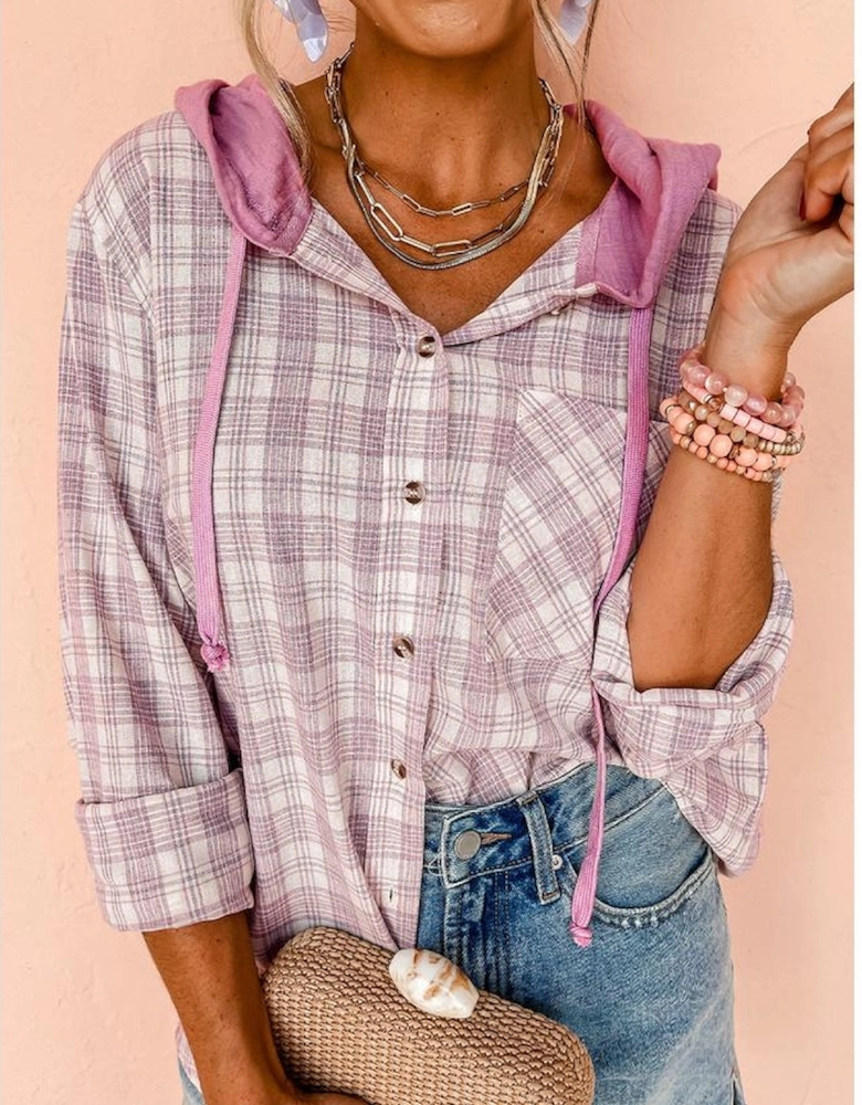 Pink Checkered Print Loose Fit Buttoned Hooded Shacket