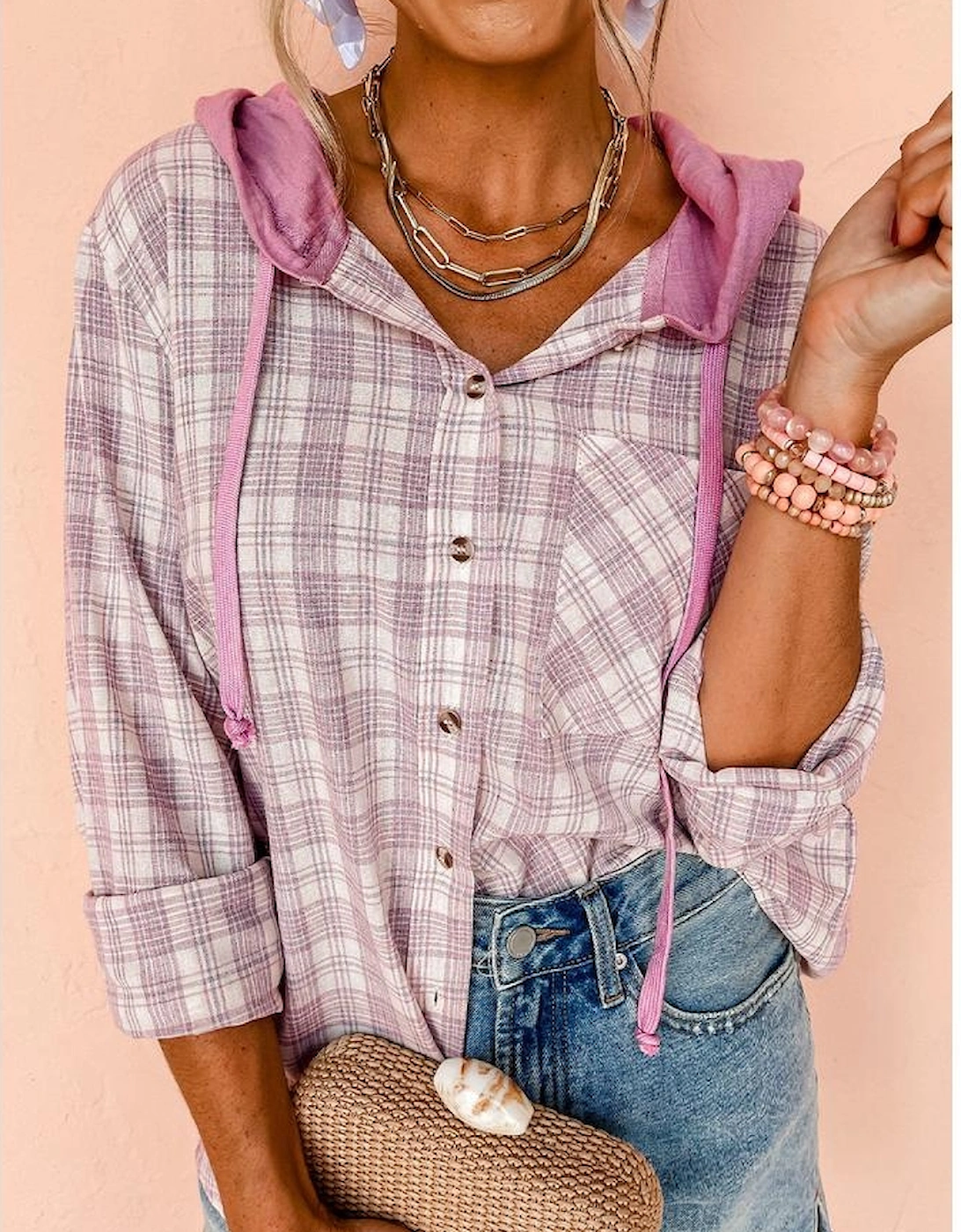 Pink Checkered Print Loose Fit Buttoned Hooded Shacket