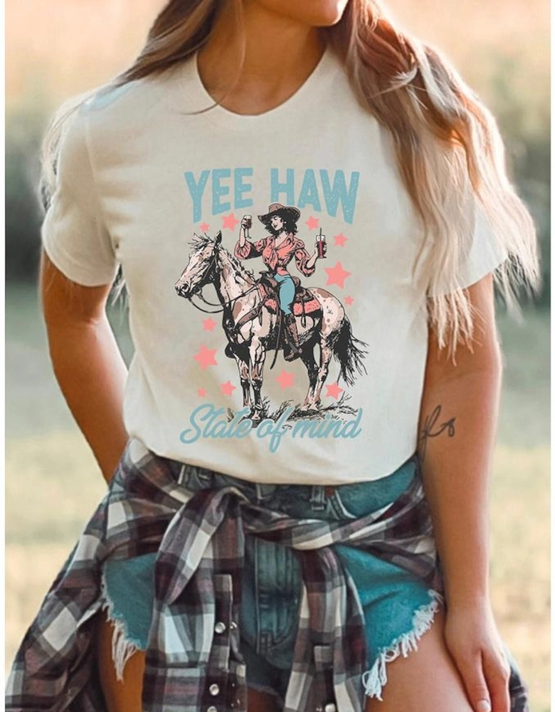 White YEE HAW State of  mind Cowgirl Graphic Western Fashion Tee