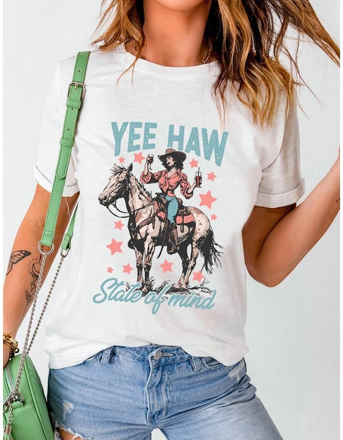 White YEE HAW State of  mind Cowgirl Graphic Western Fashion Tee