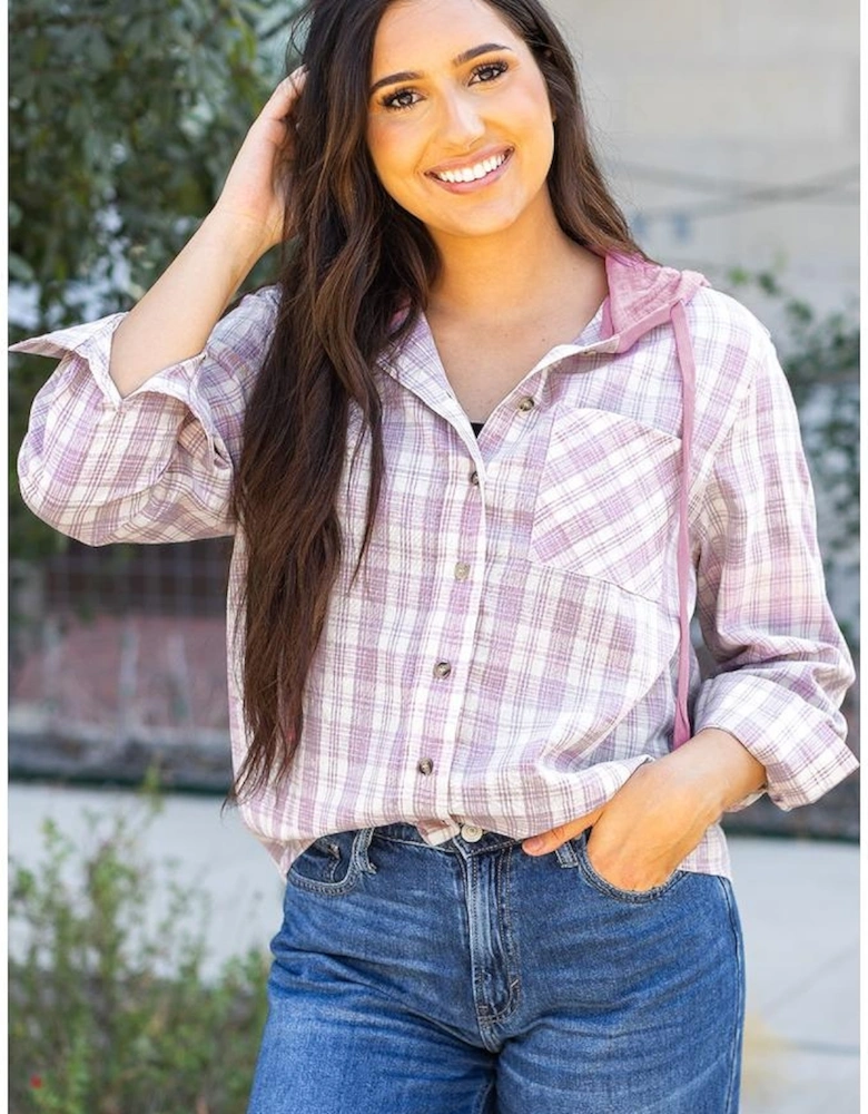 Pink Checkered Print Loose Fit Buttoned Hooded Shacket