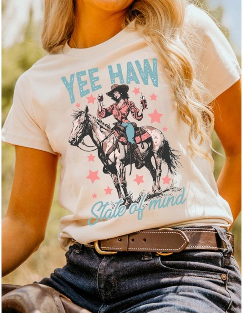 White YEE HAW State of  mind Cowgirl Graphic Western Fashion Tee