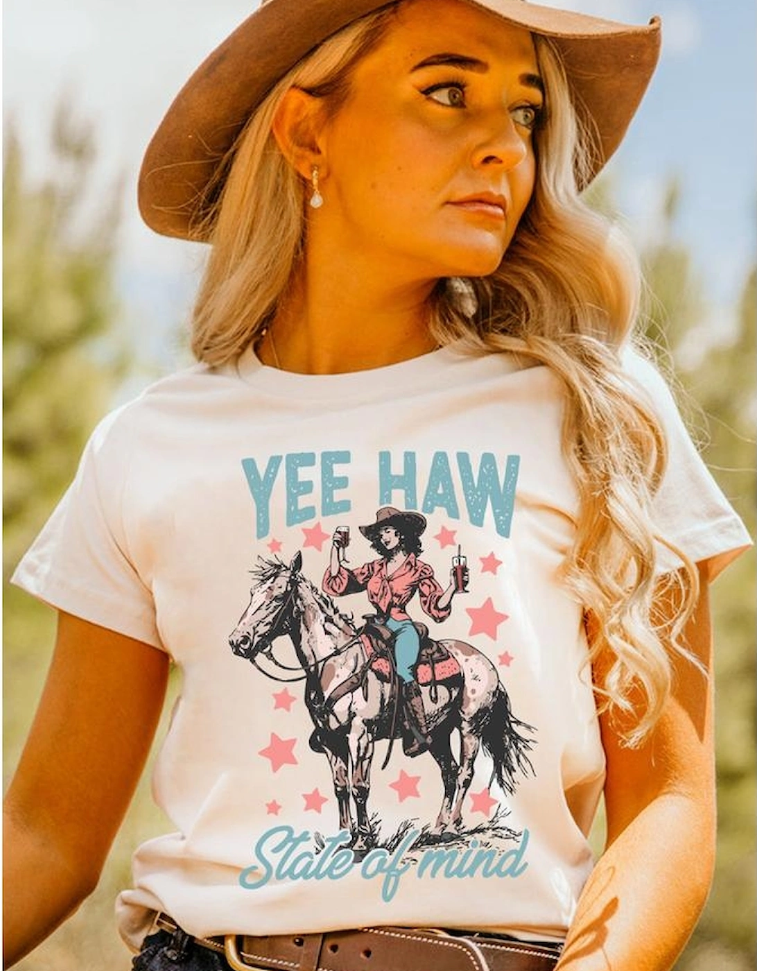 White YEE HAW State of  mind Cowgirl Graphic Western Fashion Tee