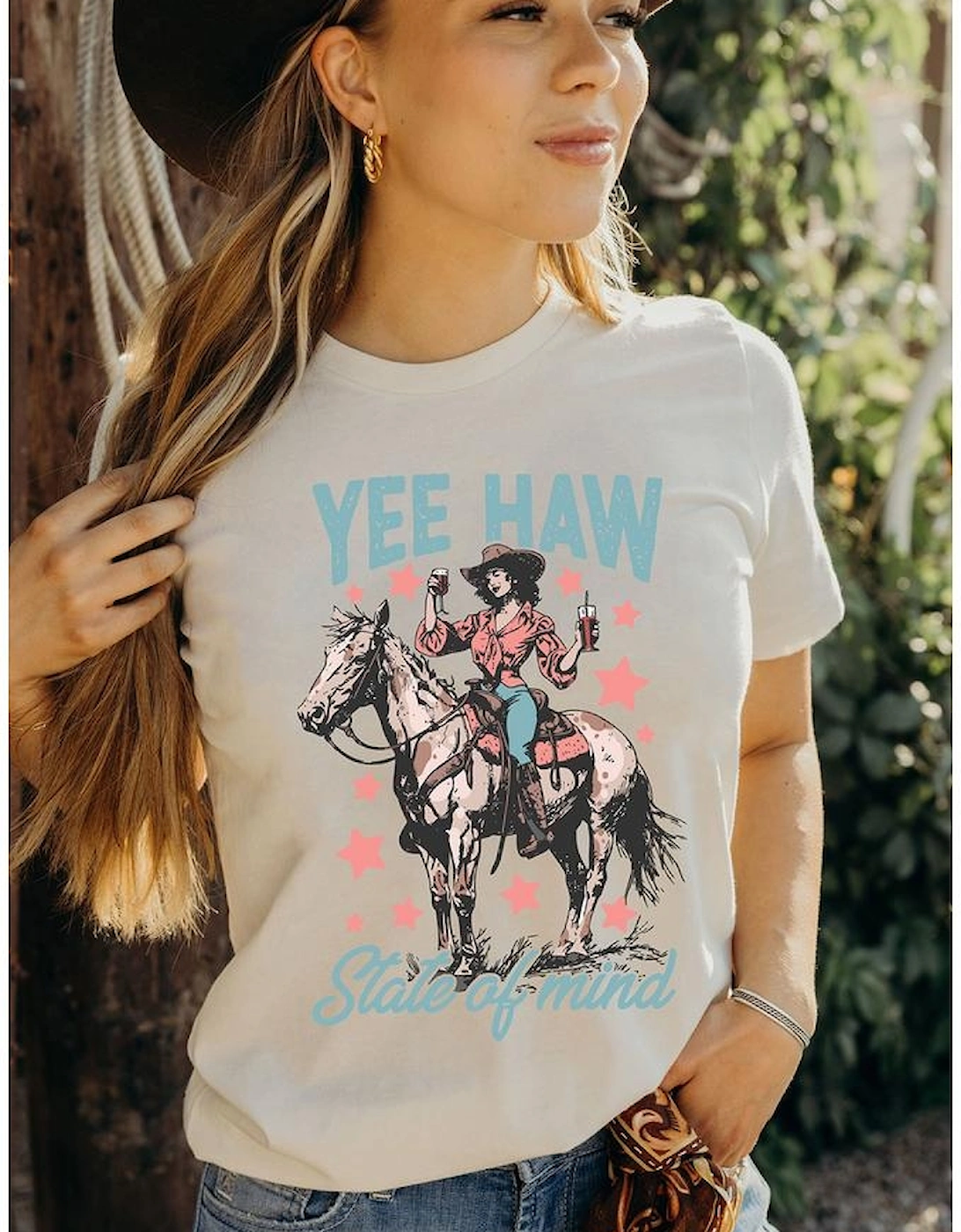 White YEE HAW State of  mind Cowgirl Graphic Western Fashion Tee, 8 of 7