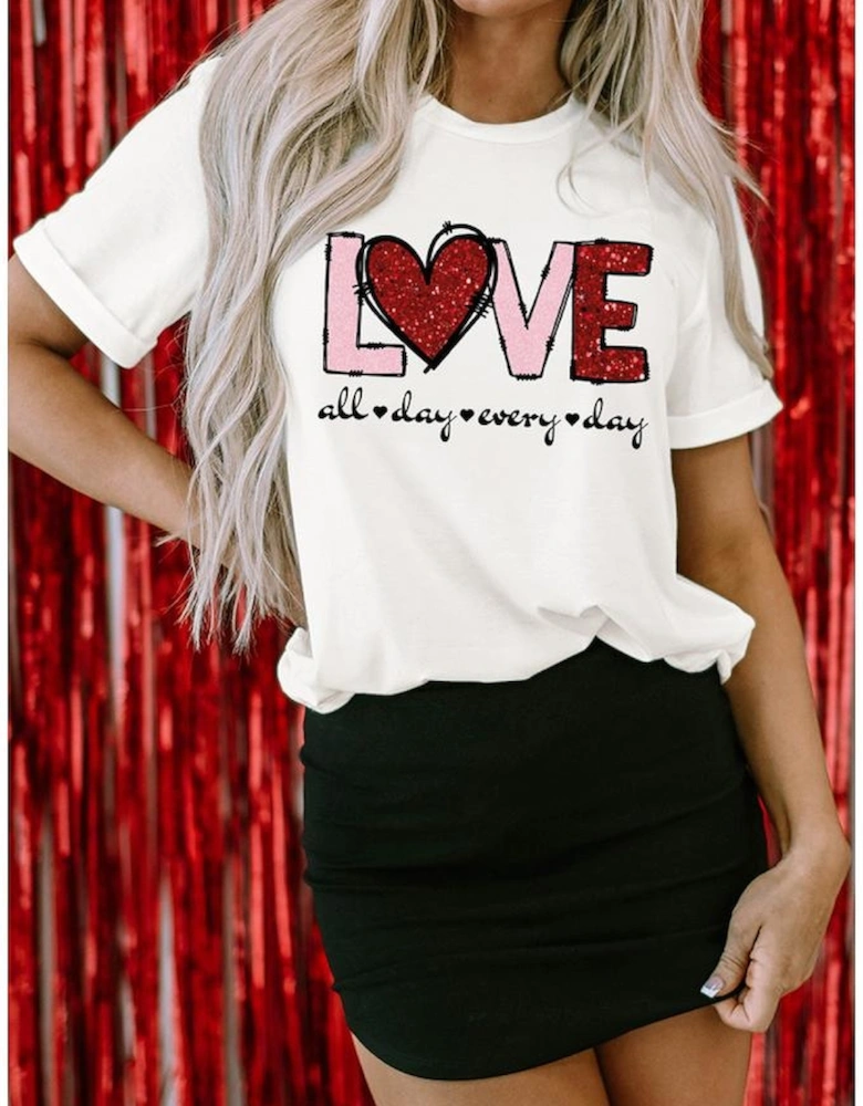 White Valentine LOVE Heart Shape Crew Neck Graphic Tee