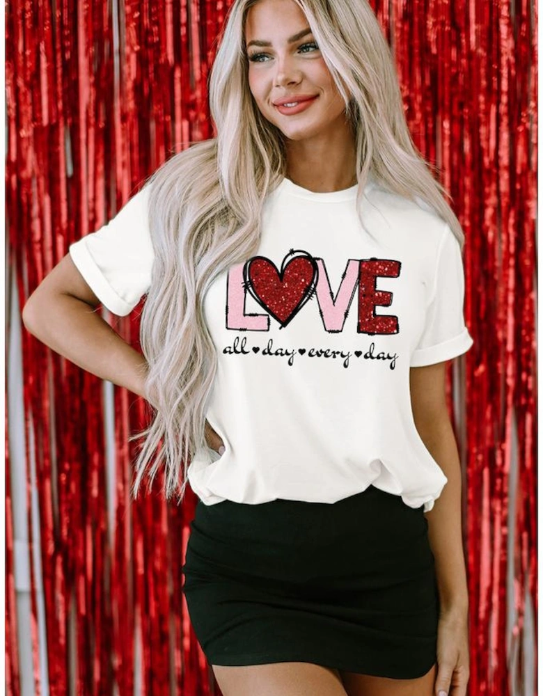 White Valentine LOVE Heart Shape Crew Neck Graphic Tee