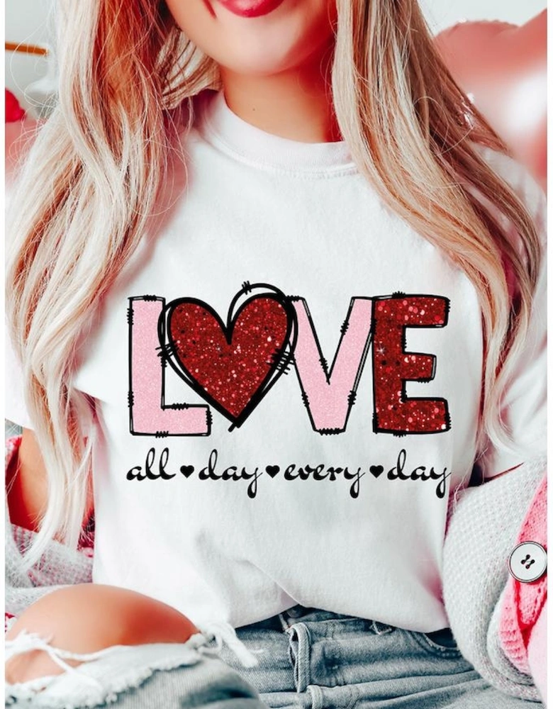 White Valentine LOVE Heart Shape Crew Neck Graphic Tee