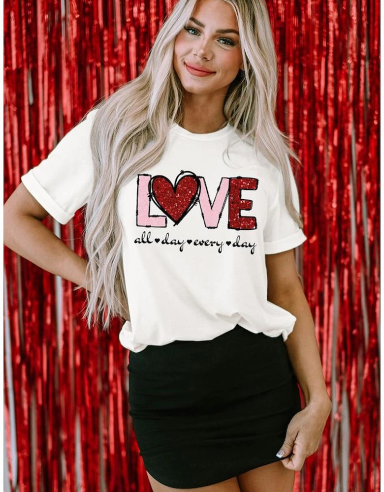 White Valentine LOVE Heart Shape Crew Neck Graphic Tee