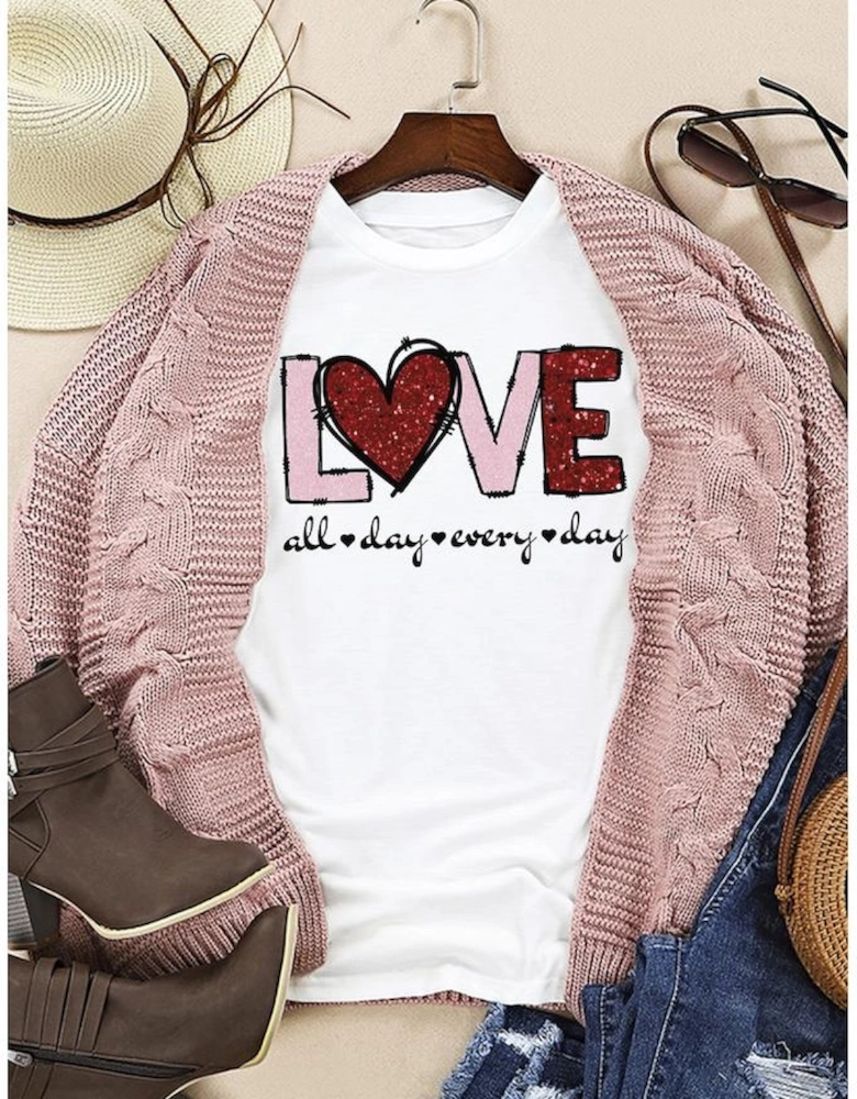 White Valentine LOVE Heart Shape Crew Neck Graphic Tee