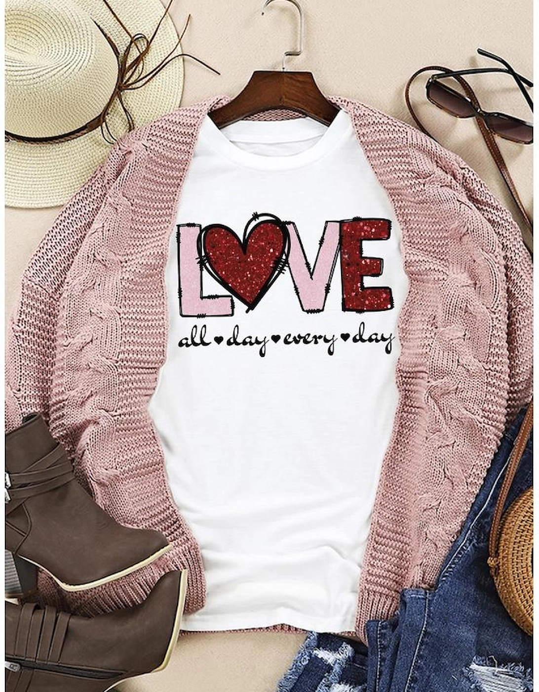 White Valentine LOVE Heart Shape Crew Neck Graphic Tee, 7 of 6